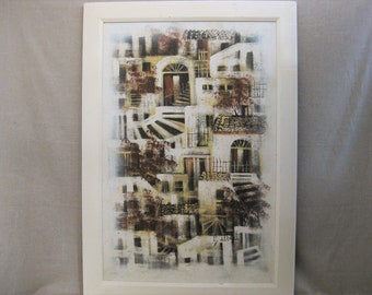 Large Mid-Century Architectural Landscape Painting, Original, Framed Wall Art Home Décor