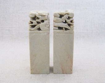 Vintage Asian Stone Carving Pair of Small Stone Column Paperweight Office and Desk Décor