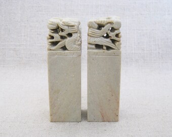 Asian Stone Carving, Pair of Small Stone Column Paperweight, Vintage Office and Desk Chinoiseries Home Décor