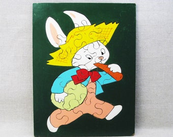 Mid-Century Easter Rabbit Wooden Puzzle, Kids Jig Saw, Peter Cotton Tail Toy, Bunny Folk Art Wall Art