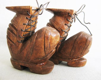 Folk Art Vintage Wooden Shoe Carving Boot Sculpture Miniature Pair for Primitive Rustic Décor