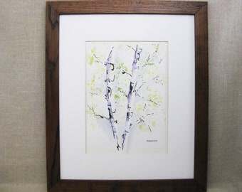 Modern Tree Painting Aspen Landscape, Framed Original Vintage Wall Art, Rustic Cabin and Lake House Décor