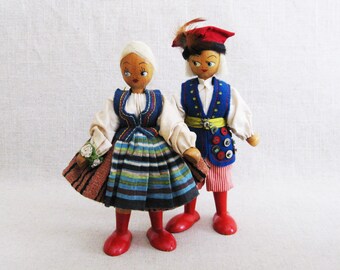 European Wooden Peg Dolls, Vintage Folk Art Style Polish Souvenir Colorful Nursery Home Décor