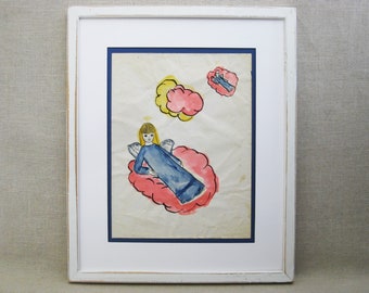 Folk Art Female Portrait Painting, Watercolor Original Angel Framed Wall Art, Vintage Naïve Primitive Home Décor
