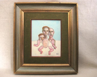 Surreal Male Portrait Painting Masculine Men Framed Original Wall Art Home Décor in Antique Gold Frame