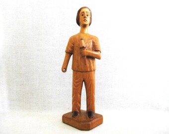 Folk Art Male Figure Wood Sculpture, Vintage Portrait Carving, Rustic Cabin Home Décor