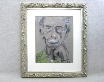 Mid-Century Male Drawing, Original Portrait Framed Wall Art Masculine Home Décor
