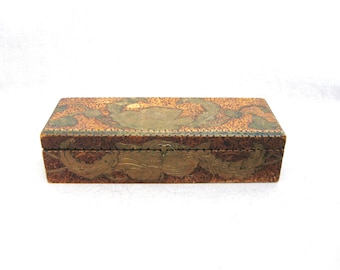 Folk Art Wood Box Pyrography, Floral Theme w Gold Paint Details, Rustic Cabin Storage and Organization