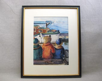 Harbor Landscape Painting, Framed Original Vintage Male Portrait, Waterfront Boats Children Art
