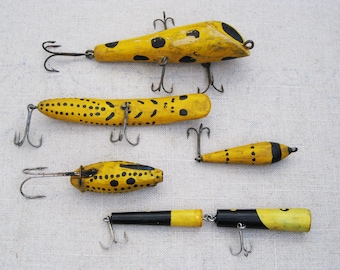 Vintage Folk Art Fishing Lures Carved Wood Sculpture Collection Rustic Cabin and Lodge Décor