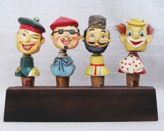 Vintage Bottle Stopper Collection, Nodding Heads, Rubens Mid-Century Barware, Funky Bar and Game Room Décor