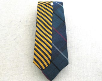 Preppy Tartan Plaid Striped Vintage Tie, Upcycled Hand Embroidered Men's Accessories, Navy and Gold