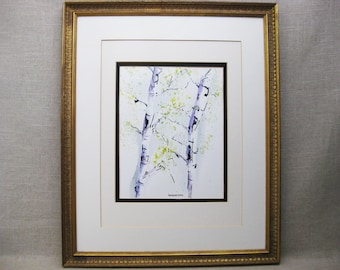 Modern Original Tree Painting, Framed Aspens in Woodland Forest, Vintage Rustic Cabin Décor