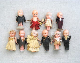 Collection Celluloid Bride and Groom Dolls, Wedding Party Mid-Century Toys