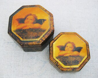 Vintage Nesting Lacquer Trinket Boxes with Cherub Design, Valentine Vanity Storage and Organization Home Décor