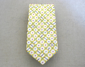 Upcycled Floral Silk Neck Ties, Plaid Yellow Flowers, Hand Embroidered Preppy Spring Tropical Neck Wear