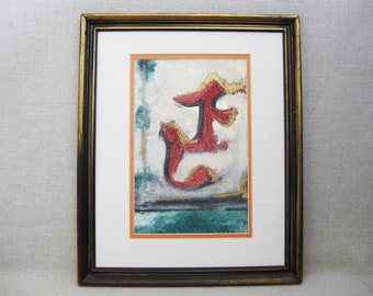 Vintage Abstract Watercolor Painting Mystical Symbols Framed Original Fine Art Contemporary Wall Décor