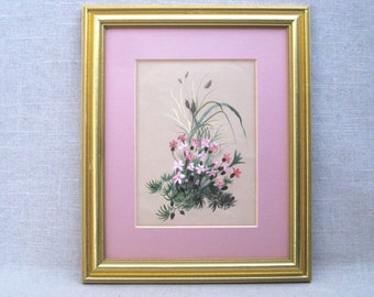 Pink Floral Still Life Painting, Original Framed Gouache Flower Botanical Study, Vintage Wall Art Wedding Gift
