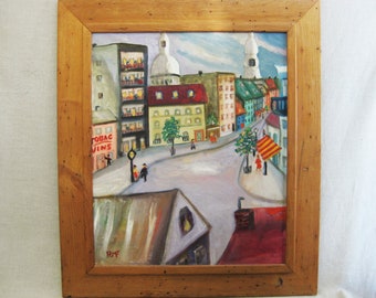 Large Vintage European City Landscape Painting Framed in Wide Profile Natural Wood Frame, Original Fine Art