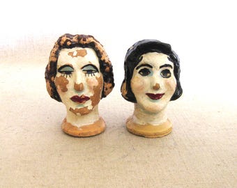 Vintage Composite Doll Heads, Hand Painted Primitive Toys