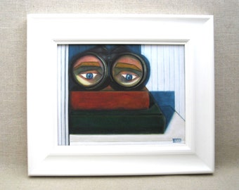 Lovers Eye Painting Surreal Male Portrait Framed in Contemporary White Frame Original Fine Art