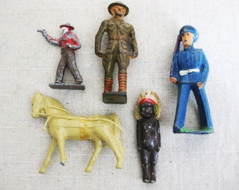 Vintage Metal Male Figure Toys, Antique Miniature People and Horse Man Cave Gift