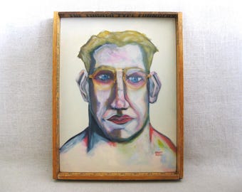 Framed Male Portrait Painting Original Framed Masculine Men with Glasses, Fine Art Wall Décor