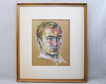 Mid-Century Vintage Male Portrait Drawing Framed Original Fine Art