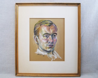 Mid-Century Male Portrait, Original Drawing Framed Wall Art Masculine Home Décor
