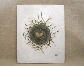 Original Birds Nest Painting Framed Fine Art Ornithologist Library Décor Romantic Love Housewarming Gift