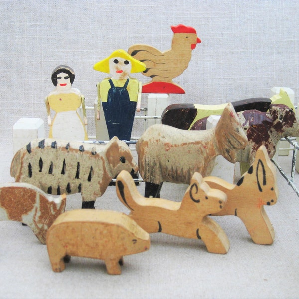 Vintage Farm Animal Play Set, Folk Art Carved Animals