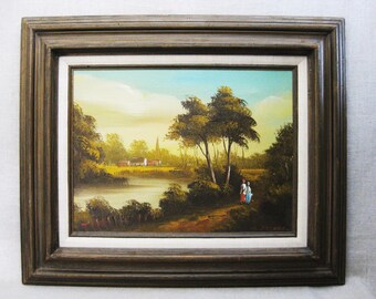 Dark Moody Landscape Painting w People, Original Framed Vintage Architecture Wall Art Home Décor