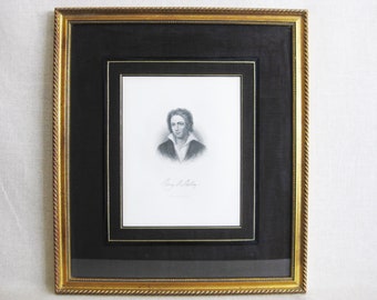 Vintage Male Portrait Engraving Shelley Poet Framed Fine Art Print Classical Library Décor