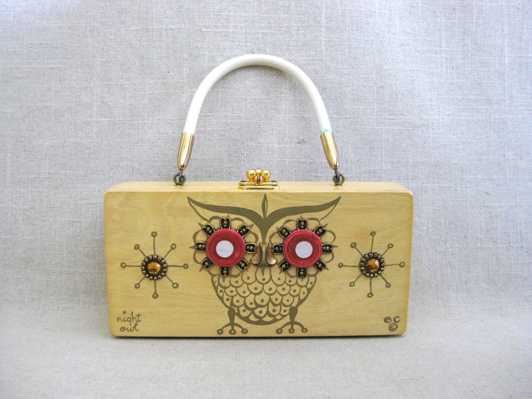 Vintage Mid-century Handbag Enid Collins, Owl Box Purse, Wooden