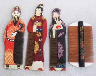 Figural Wooden Hair Comb, Female Portrait, Vintage Asian Style Grooming