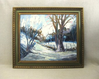 Vintage Winter Landscape Painting, Framed Original Mid-Century Rustic Cabin Décor