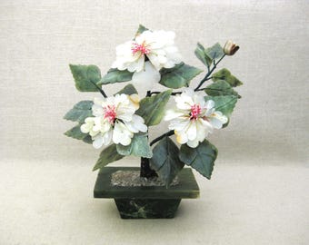 Flowering Carved Stone Bonsai Tree Sculpture, Vintage Asian Style Home Décor Housewarming Gift