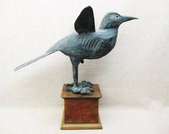 Vintage Bird Carving, Raven Wood Sculpture, Ray Kobald