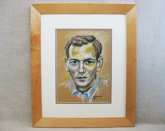Mid-Century Male Portrait Drawing, Framed Original Vintage Fine Art Pastels