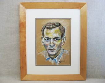 Vintage Male Portrait Drawing Framed Mid Century Original Fine Art Pastels Gifts for Men