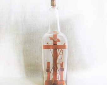 Vintage Folk Art Bottle Whimsey, Antique Religious Tramp Art, Outsider Sculpture