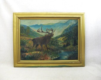 Vintage Elk Landscape Oil Painting, Original Framed Wildlife Folk Art Wall Décor Mountain House