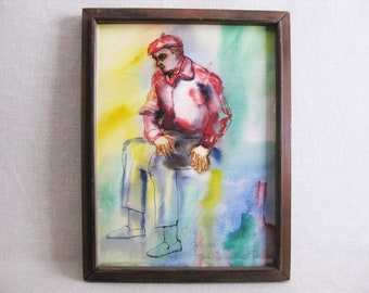RESERVED - Vintage Male Portrait Watercolor Painting