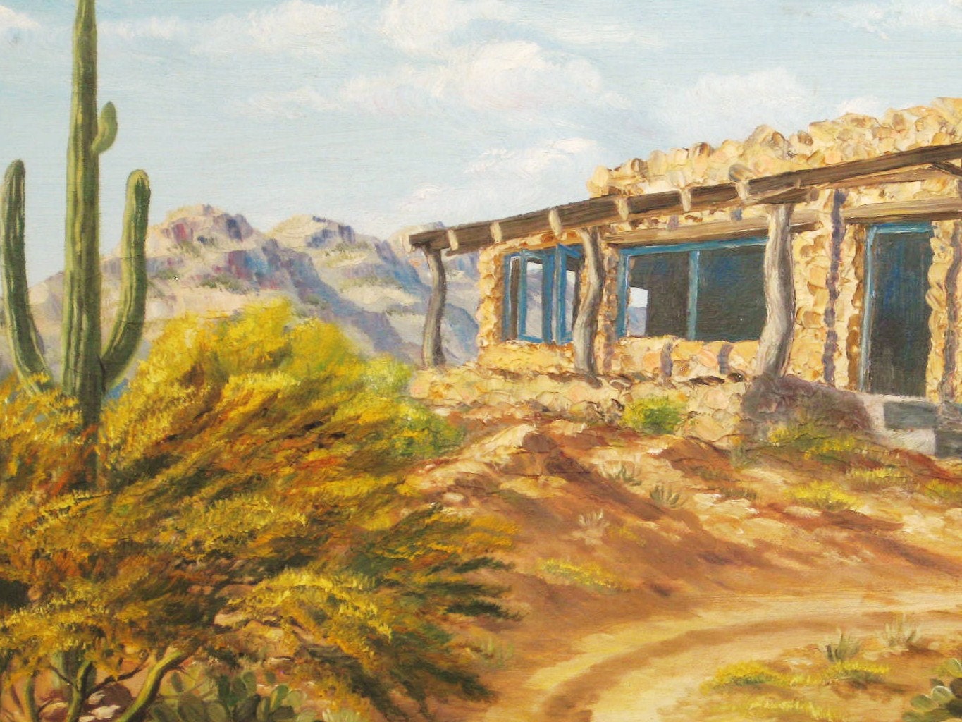 Vintage Southwestern Landscape Painting, Mary Running Dear, Adobe
