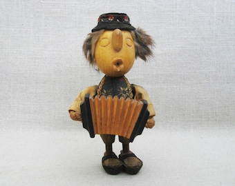 Folk Art Carved Anri Casagrande Musician Figurine, Vintage Wooden Accordion Player