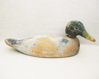 Vintage Duck Decoy Primitive Folk Art Hand Carved with Weathered Patina, Rustic Cabin Décor