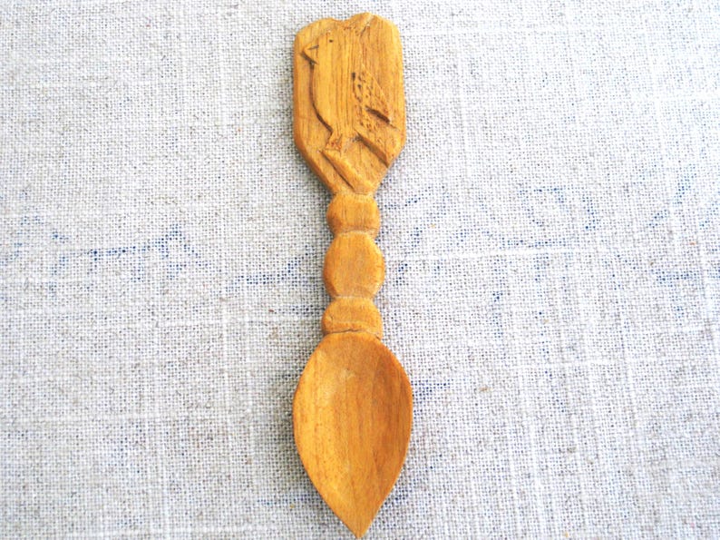 Sweet Vintage Hand Carved Folk Art Wooden Spoon, referred to as Loving Spoons, A wooden spoon carved by Welsh suitor as engagement gift for  bride. Has a delightful Bird Design  looks like a Cardinal. Piece is signed w initials, FR and dated 1994.
