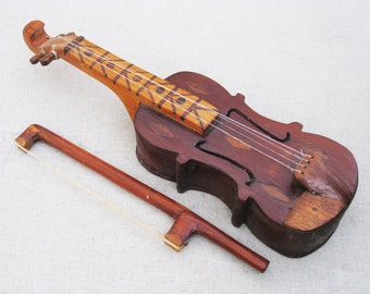 Vintage Folk Art Miniature Violin Fiddle Sculpture Carved Wooden Musical Instruments