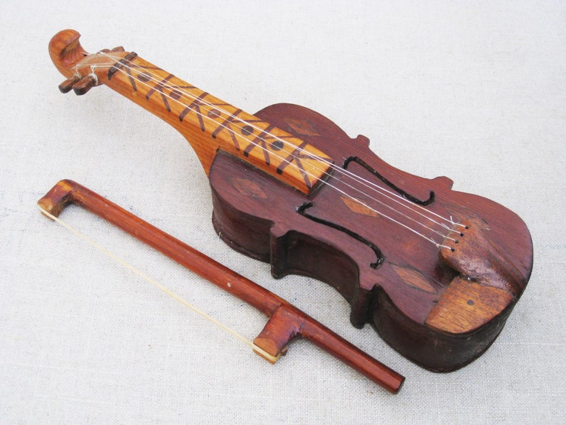 Folk Art Miniature Violin Sculpture Carving, Vintage Fiddle Wooden