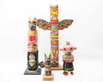 Vintage Totem Pole Collection, Indigenous Folk Art, Wooden Americana, Hand Carved Statue Sculpture